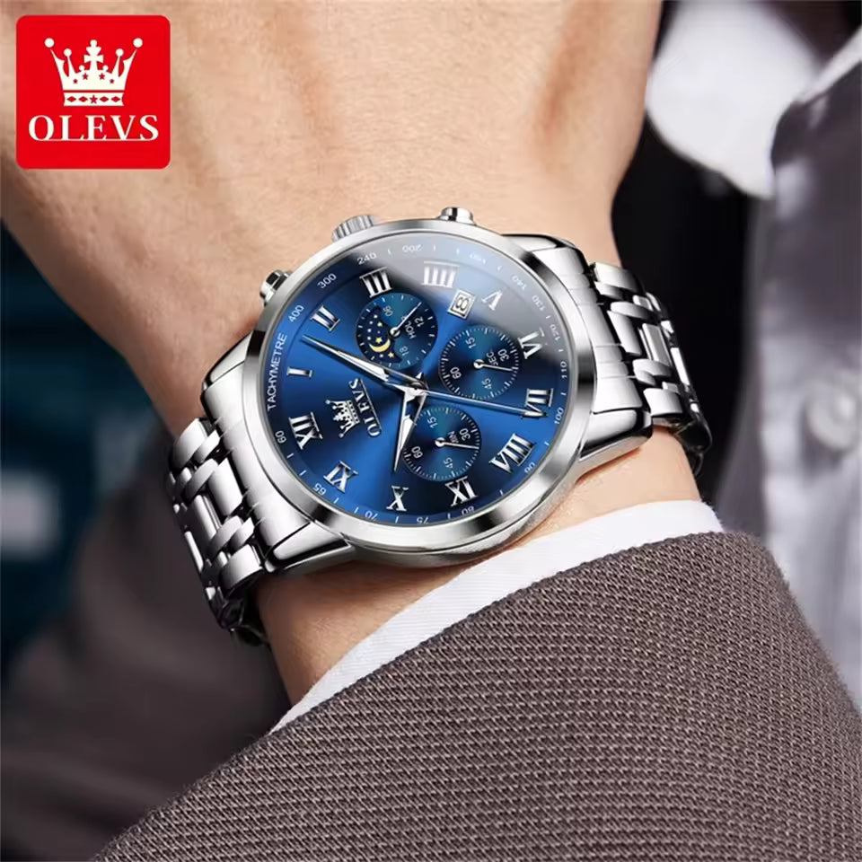 Luxury Quartz Watch For Men Roman Scale Moon Phase Chronograph