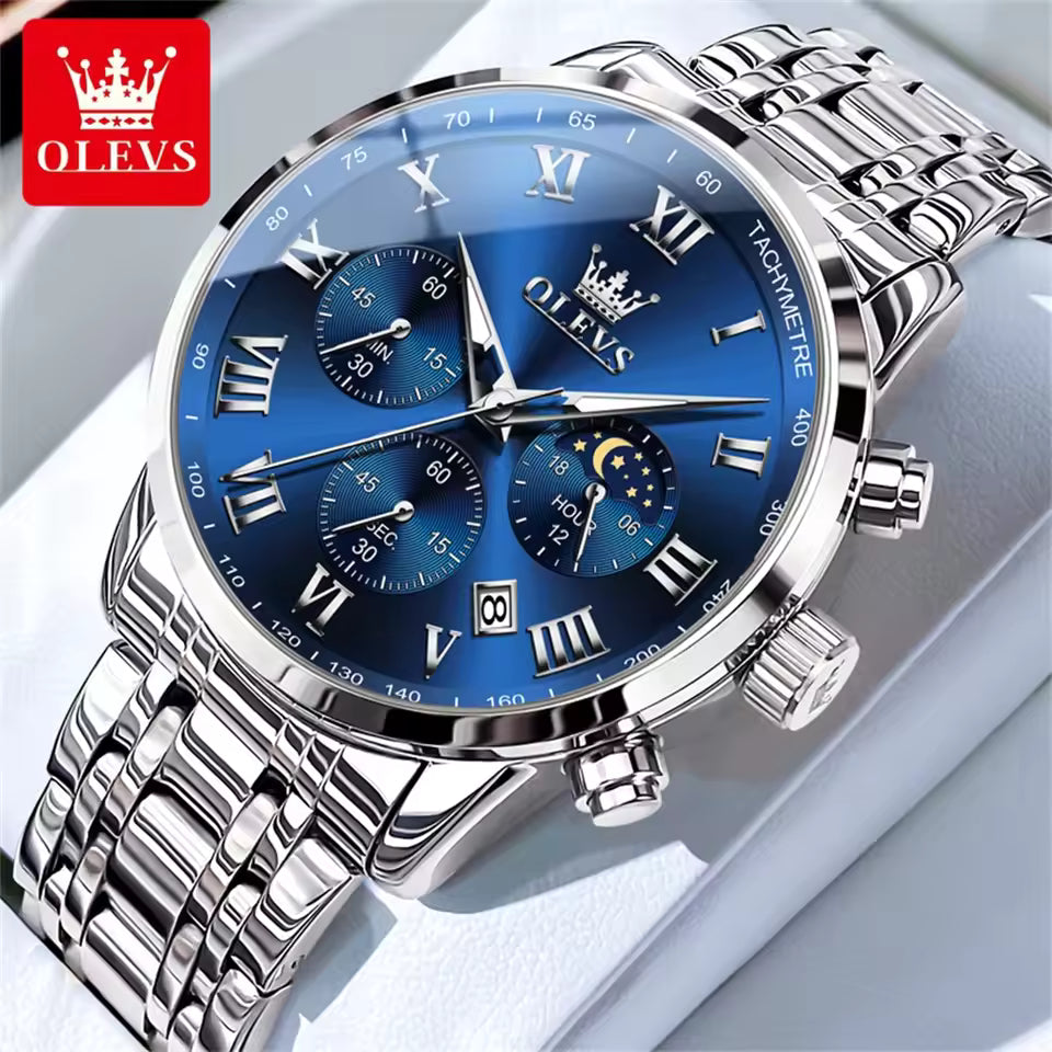 Luxury Quartz Watch For Men Roman Scale Moon Phase Chronograph