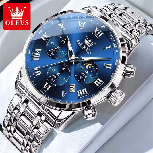Luxury Quartz Watch For Men Roman Scale Moon Phase Chronograph