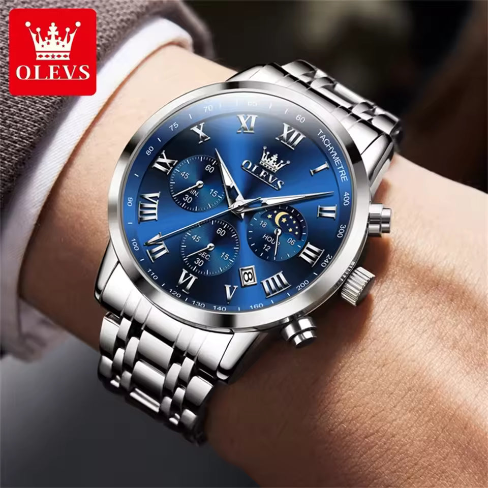 Luxury Quartz Watch For Men Roman Scale Moon Phase Chronograph